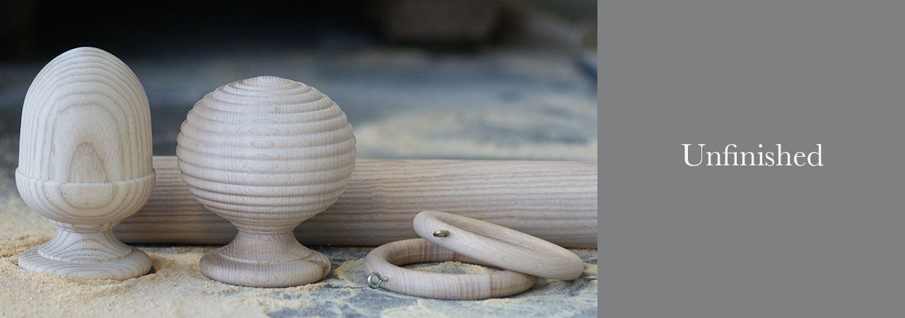 Unfinished wood curtain pole collection banner with Seymour and Langton finials