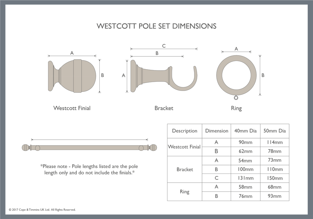 Dimension Sheet. Westcott dark oak curtain poles