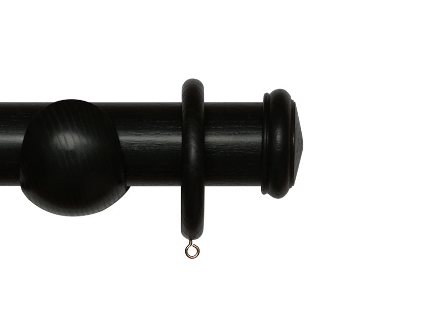 Product image. Black Oppy curtain pole set by Cope and Timmins UK.