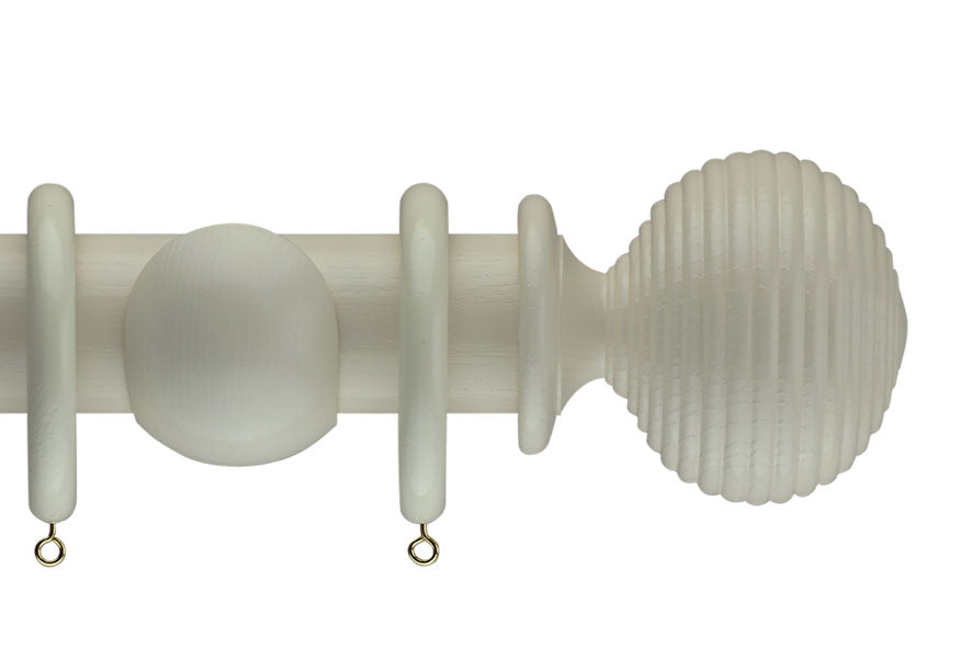 Product Image - Showing cream curtain pole with a Langton finial, ring and bracket pole set assembly.