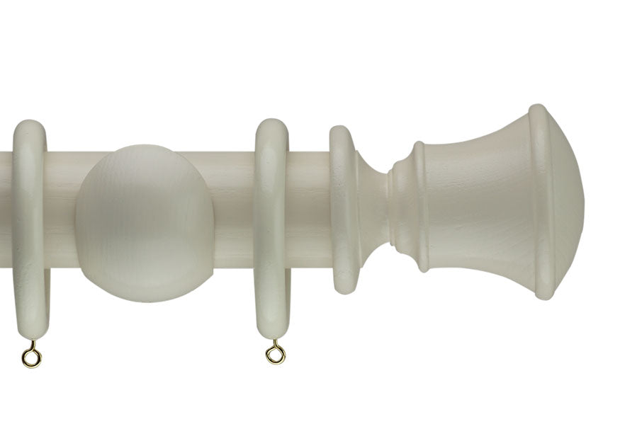 Product Image - Showing cream curtain pole with an Orton (end stop) finial, ring and bracket pole set assembly.