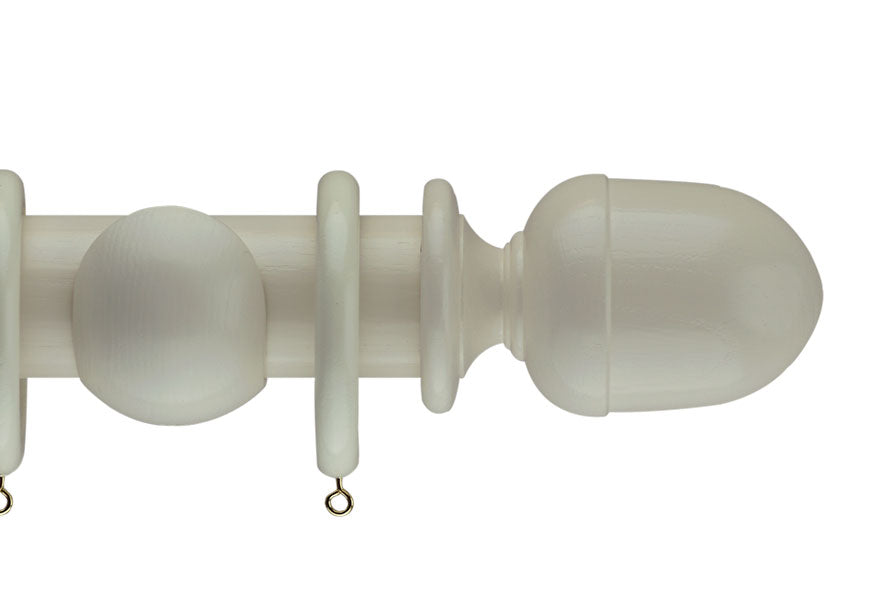 Product Image - Showing cream curtain pole with a Seymour finial, ring and bracket pole set assembly.