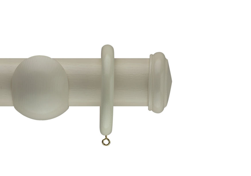 Product Image - Showing cream curtain pole with an Oppy (end stop) finial, ring and bracket pole set assembly.