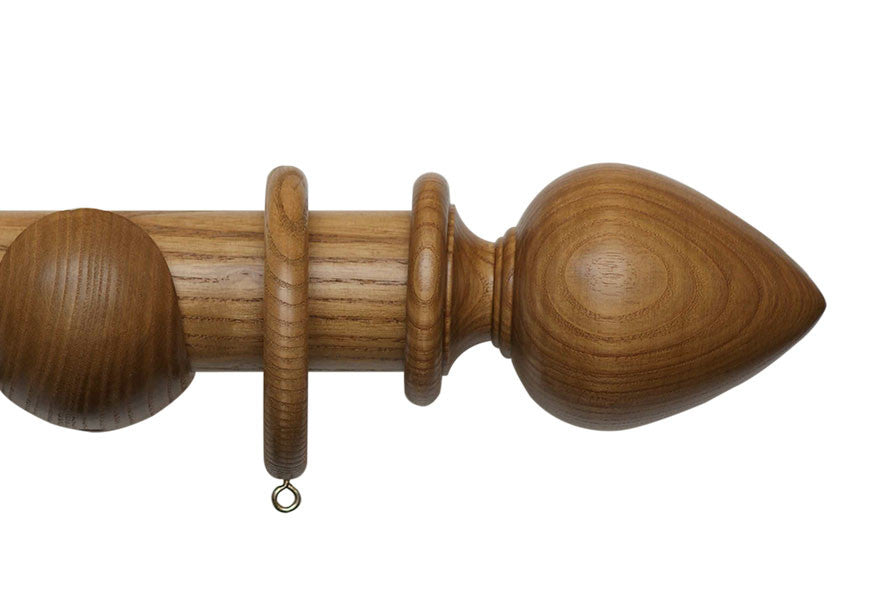 Product Image - Showing light oak curtain pole with a Elemore finial, ring and bracket pole set assembly.