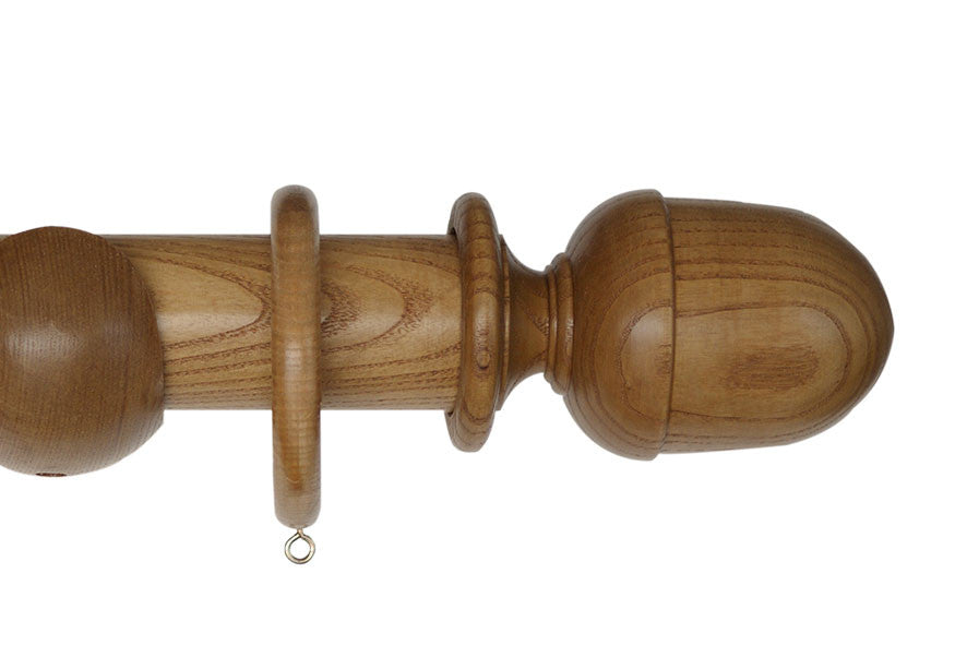 Product Image - Showing light oak curtain pole with a seymour finial, ring and bracket pole set assembly.