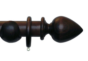 Product Image - Showing walnut curtain pole with a Elemore finial, ring and bracket pole set assembly.