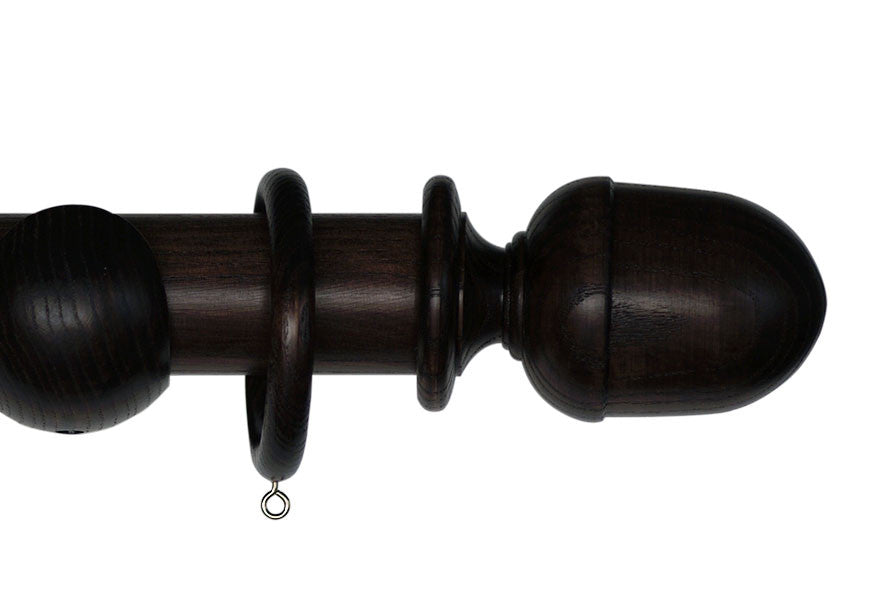 Product Image - Showing walnut curtain pole with a seymour finial, ring and bracket pole set assembly.