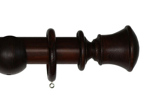 Product Image - Showing mahogany curtain pole with a Orton finial, ring and bracket pole set assembly.