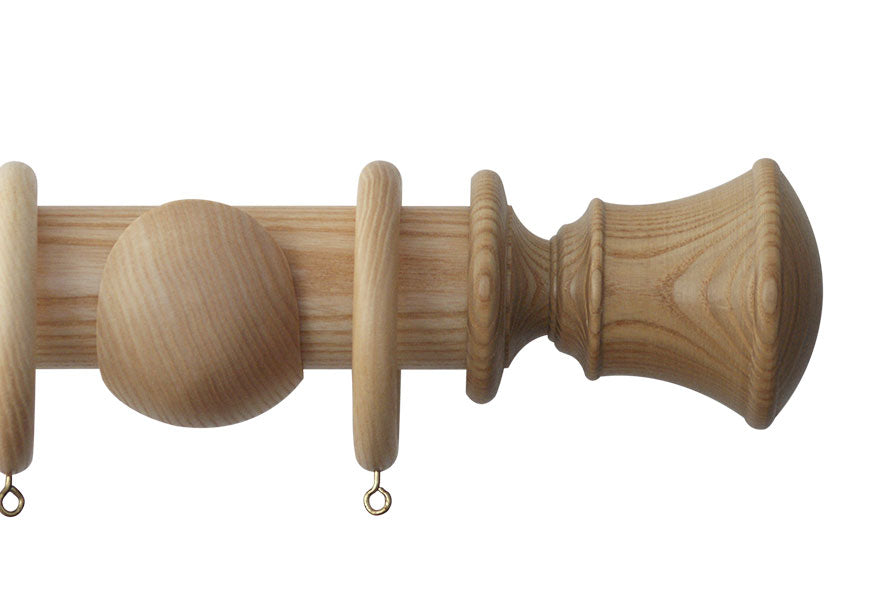 Product Image - Showing natural curtain pole with a Orton finial, ring and bracket pole set assembly.