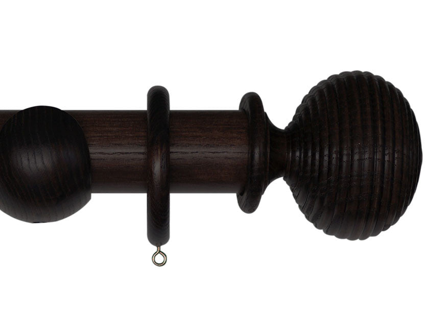 Product Image - Showing walnut curtain pole with a Langton finial, ring and bracket pole set assembly.