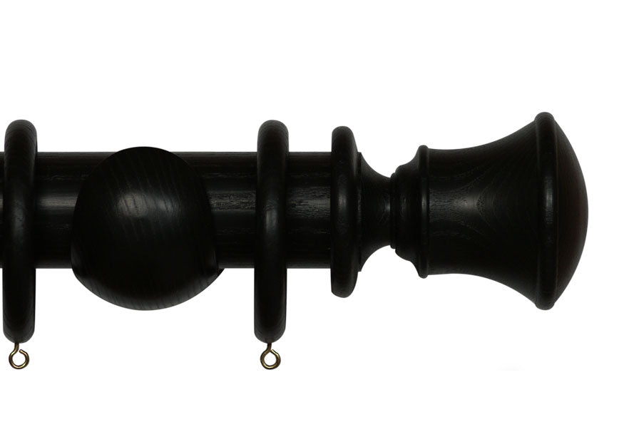 Product Image - Showing black curtain pole with a Orton finial, ring and bracket pole set assembly.