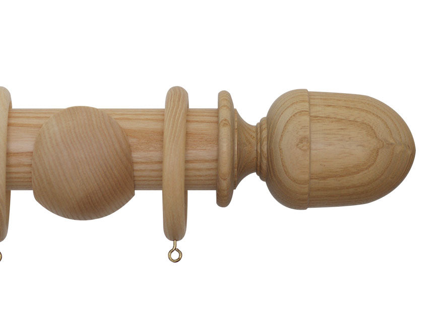 Product Image - Showing natural curtain pole with a seymour finial, ring and bracket pole set assembly.