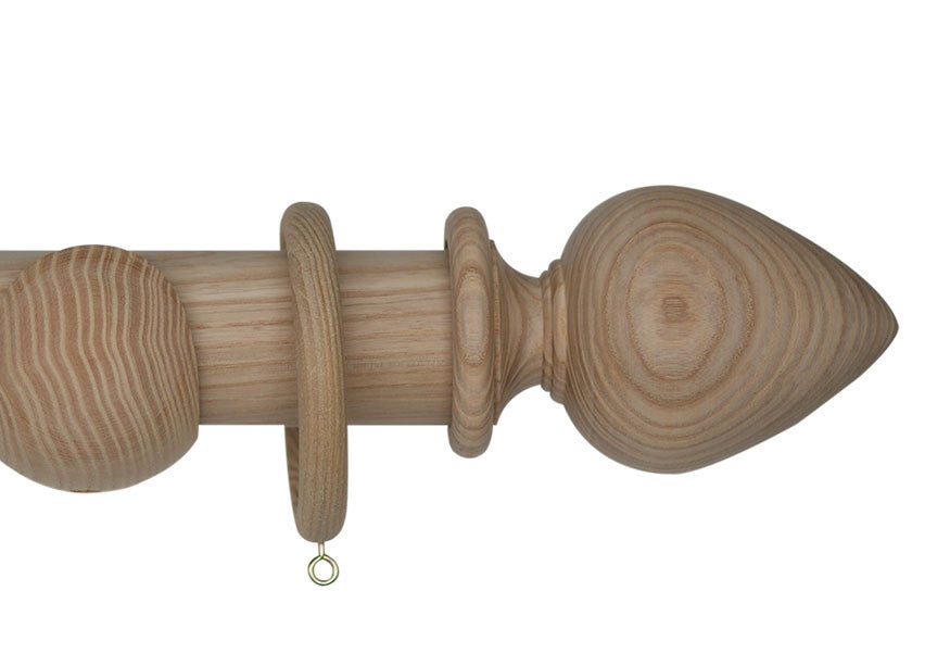 Product Image - Showing unifished curtain pole with a Elemore finial, ring and bracket pole set assembly.