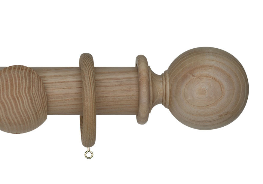 Product Image - Showing unfinished curtain pole with a Millfield finial, ring and bracket pole set assembly.