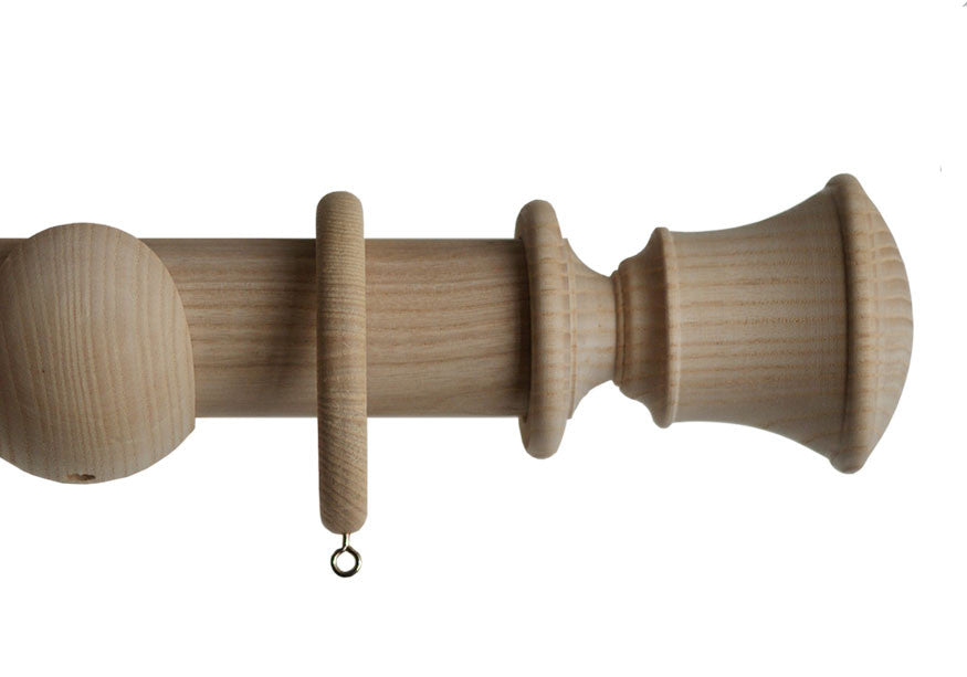 Product Image - Showing unfinished curtain pole with a Orton finial, ring and bracket pole set assembly.