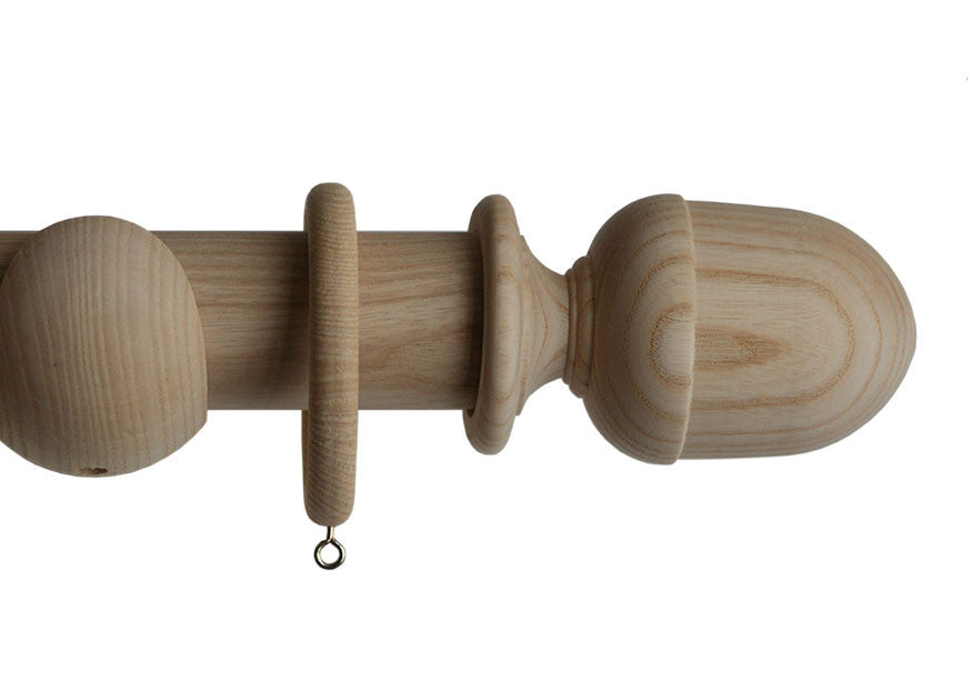 Product Image - Showing unfinished curtain pole with a seymour finial, ring and bracket pole set assembly.