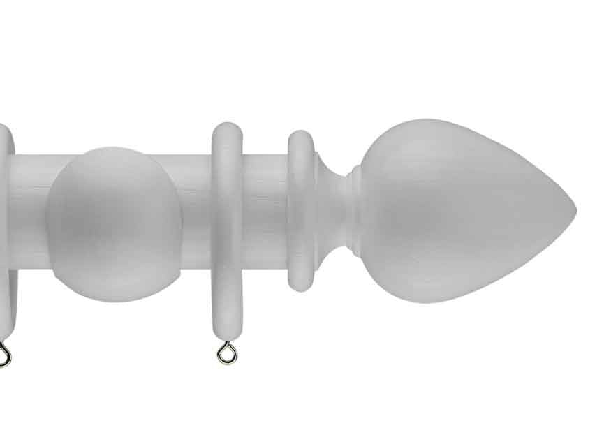 Product Image - Showing white curtain pole with a Elemore finial, ring and bracket pole set assembly.