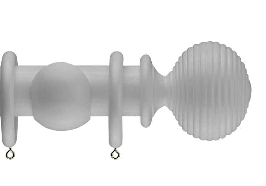 White curtain pole with a Langton finial, ring and bracket pole set assembly.