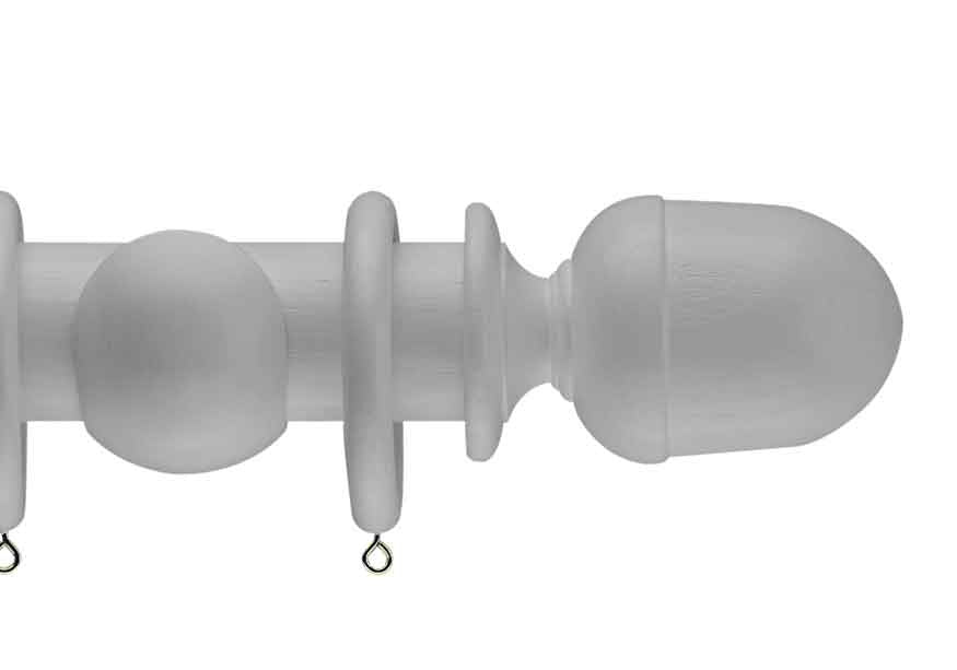 Product Image - Showing white curtain pole with a seymour finial, ring and bracket pole set assembly.