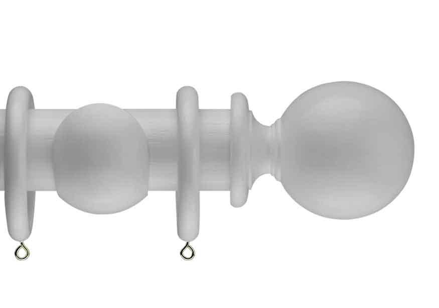 Product Image - Showing white curtain pole with a Millfield finial, ring and bracket pole set assembly.