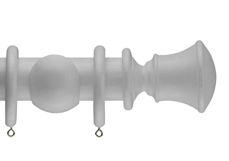 Product Image - Showing white curtain pole with a Orton finial, ring and bracket pole set assembly.