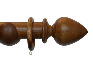 Product Image - Showing dark oak curtain pole with a Elemore finial, ring and bracket pole set assembly.