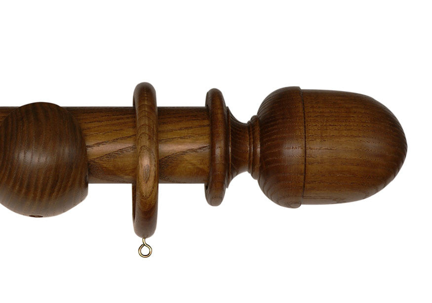 Product Image - Showing dark oak curtain pole with a seymour finial, ring and bracket pole set assembly.