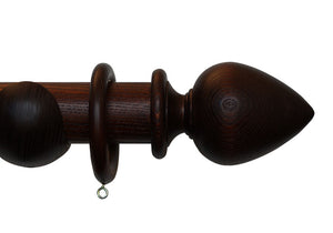 Product Image - Showing mahogany curtain pole with a Elemore finial, ring and bracket pole set assembly.