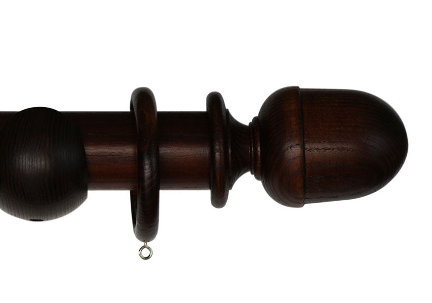 Product Image - Showing mahogany curtain pole with a seymour finial, ring and bracket pole set assembly.