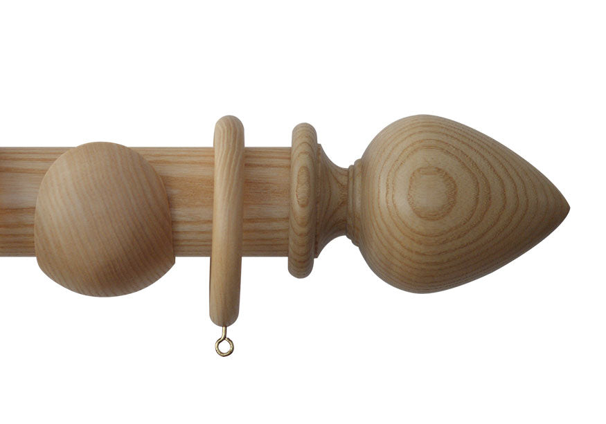 Product Image - Showing natural curtain pole with a Elemore finial, ring and bracket pole set assembly.