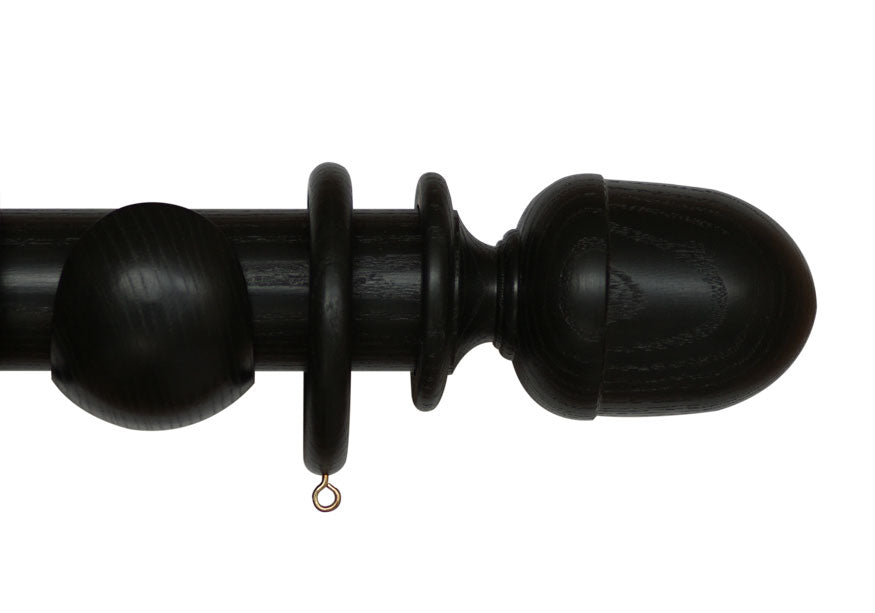Product Image - Showing black curtain pole with a seymour finial, ring and bracket pole set assembly.