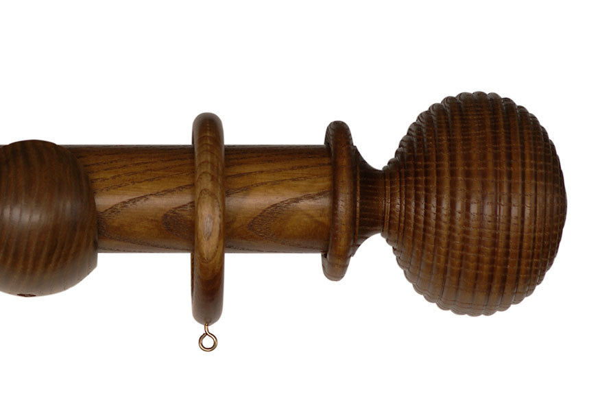 Product Image - Showing Dark oak curtain pole with a Langton finial, ring and bracket pole set assembly.