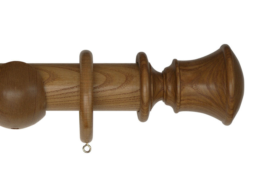 Product Image - Showing light oak curtain pole with a Orton finial, ring and bracket pole set assembly.