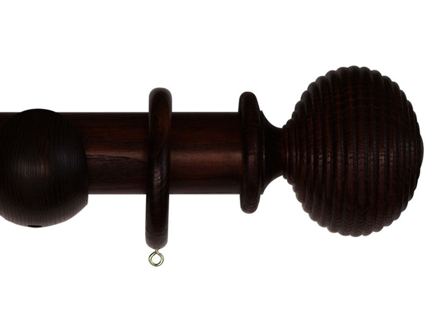 Product Image - Showing mahogany curtain pole with a Langton finial, ring and bracket pole set assembly.