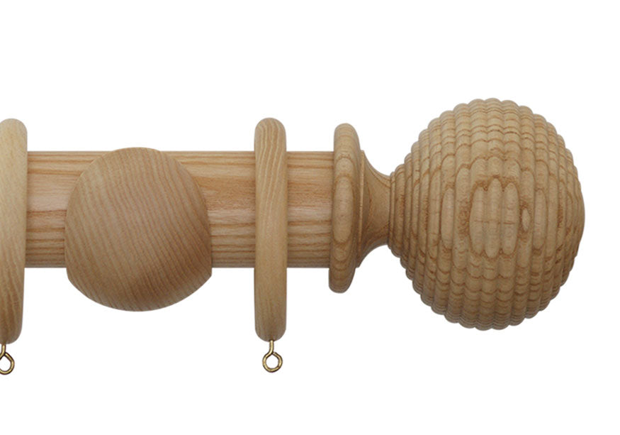 Product Image - Showing natural curtain pole with a Langton finial, ring and bracket pole set assembly.