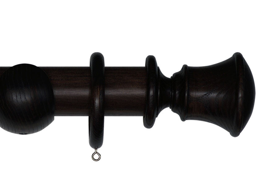 Product Image - Showing walnut curtain pole with a Orton finial, ring and bracket pole set assembly.