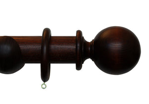 Product Image - Showing mahogany curtain pole with a Millfield finial, ring and bracket pole set assembly.