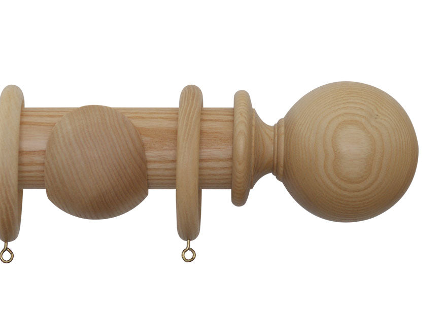 Product Image - Showing natural curtain pole with a Millfield finial, ring and bracket pole set assembly.