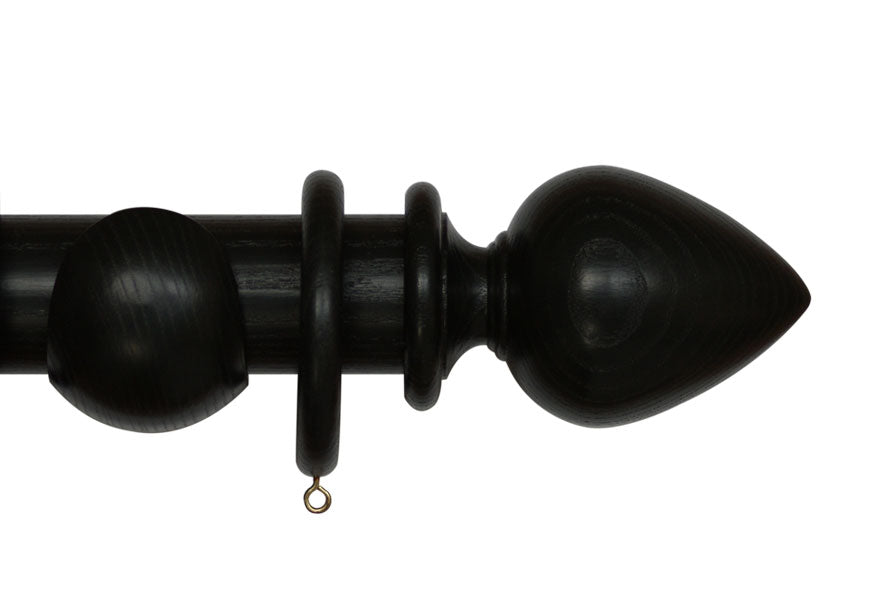 Product Image - Showing black curtain pole with a Elemore finial, ring and bracket pole set assembly.