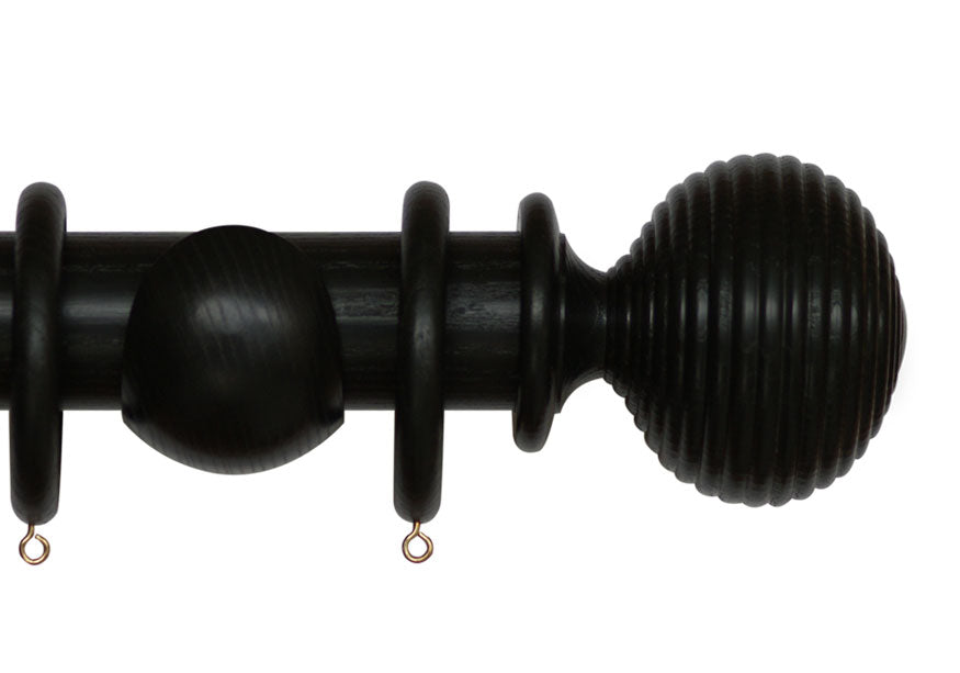 Product Image - Showing black curtain pole with a Langton finial, ring and bracket pole set assembly.